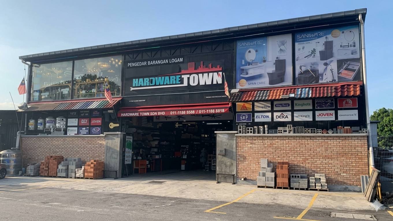 Hardware Town shopfront with brick displays and brand signboards
